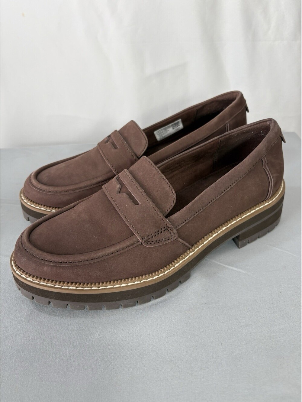 TOMS Cara Lug Sole Penny Loafers Oak Brown Nubuck Leather Womens 8 Chunky Shoes